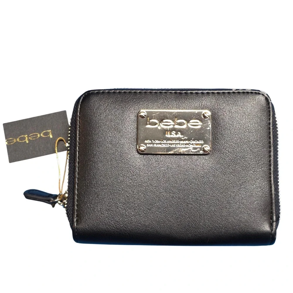 Bebe USA Black Leather‎ Zip Around Wallet Coin Purse Card Holder NWT